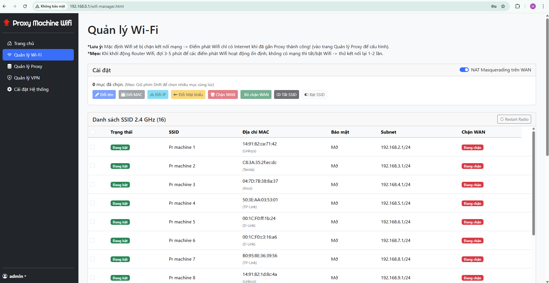 Giao diện quản lý Wifi