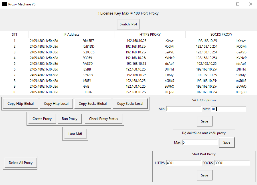 Giao diện phần mềm proxy machine v6