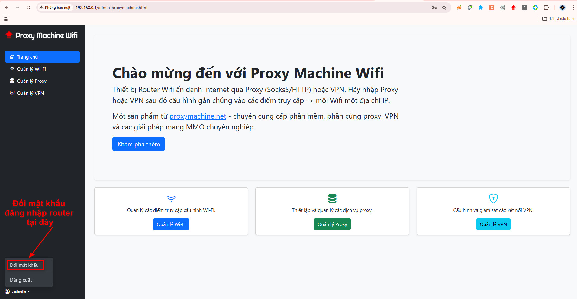Trang tổng quan quản lý Proxy Machine Wifi